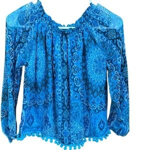 Chaser‎ top Silk Blue Boho Tribal 70's Pom Poms Peasant Festival Size S NWT